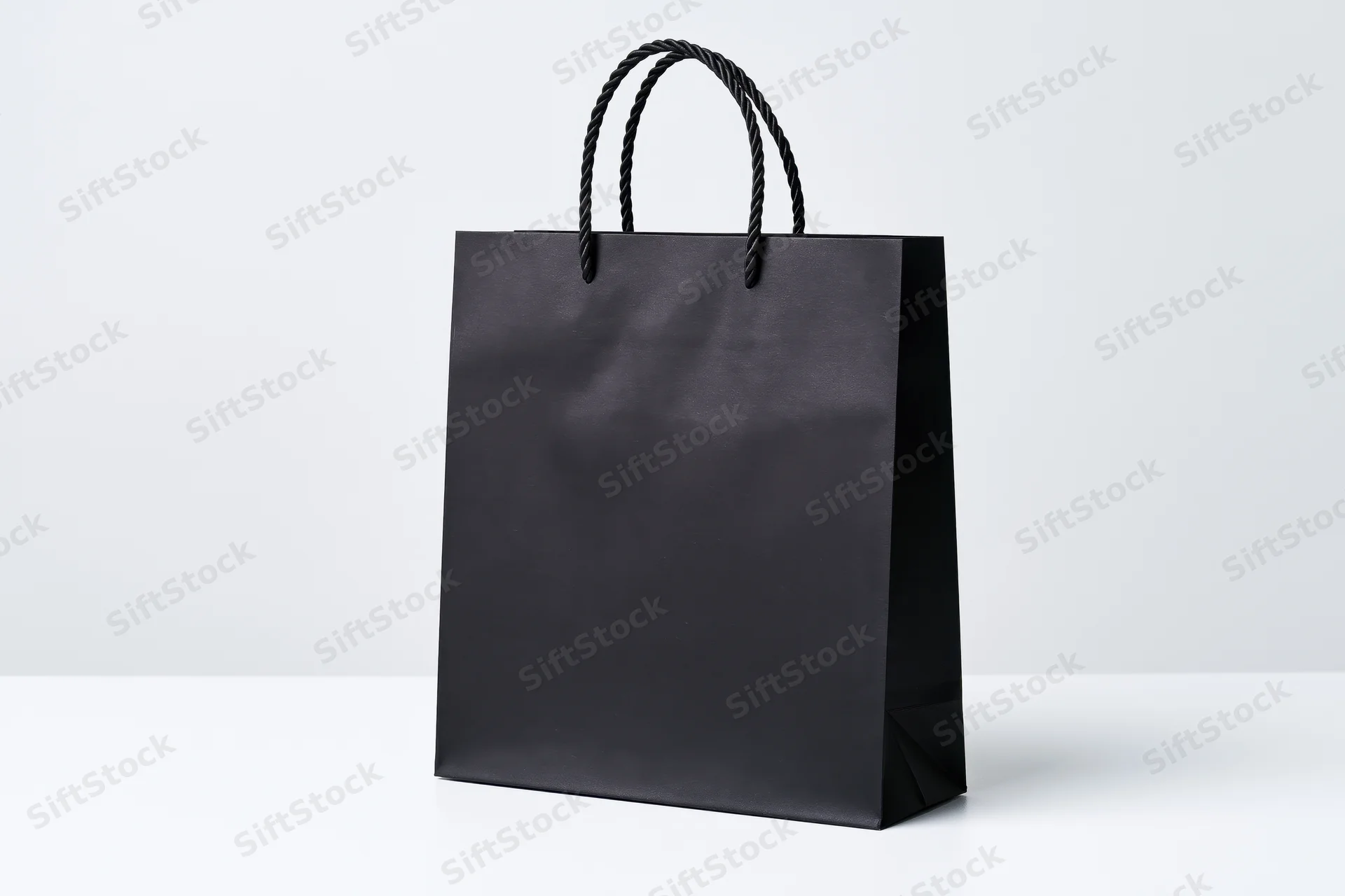 Plain black paper shopping bag with twisted cord handles on white background
