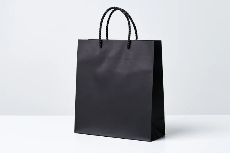 Plain black paper shopping bag with twisted cord handles on white background