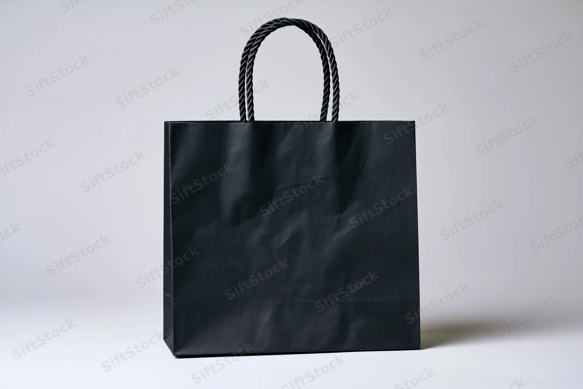 Black paper shopping bag with twisted rope handles on white background