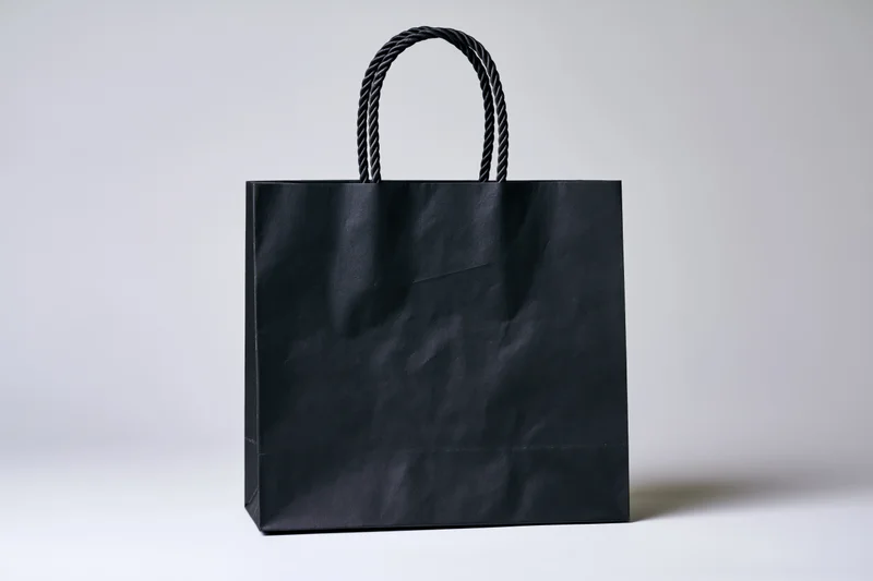 Black paper shopping bag with twisted rope handles on white background