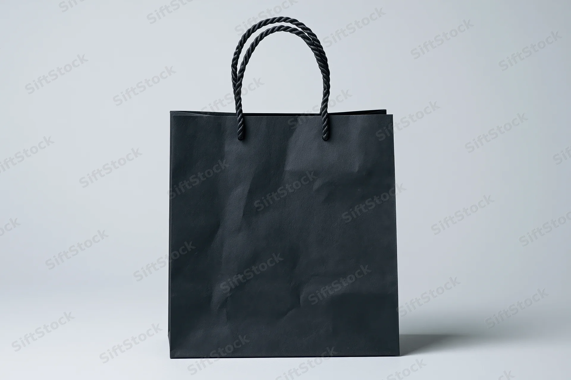 Black paper shopping bag with twisted rope handles on white background
