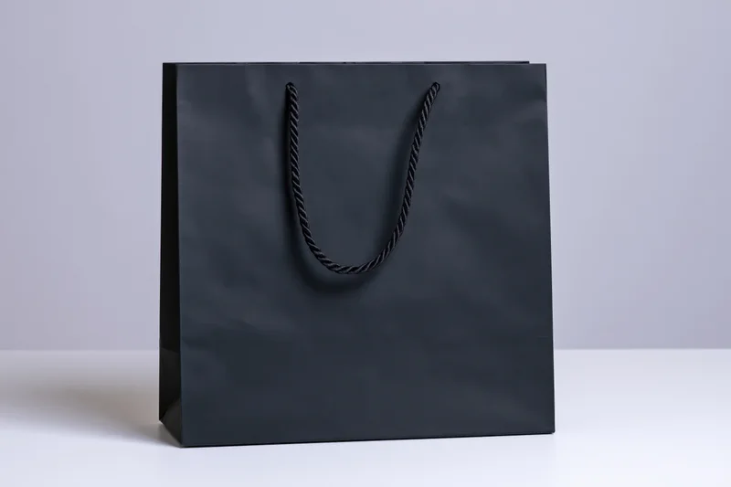 Black paper shopping bag with twisted rope handles standing on white surface
