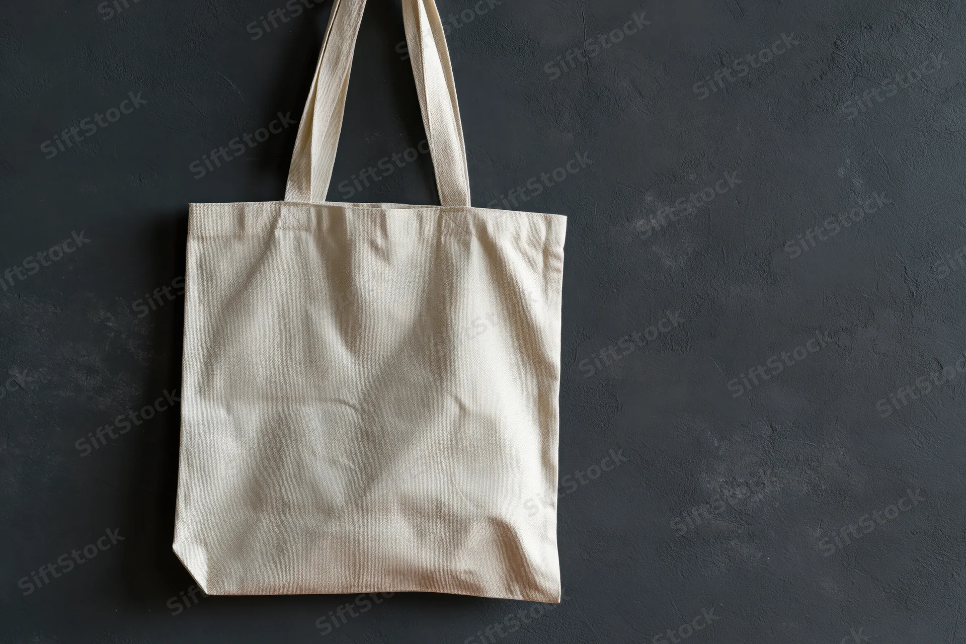 Plain canvas tote bag hanging flat against dark textured wall