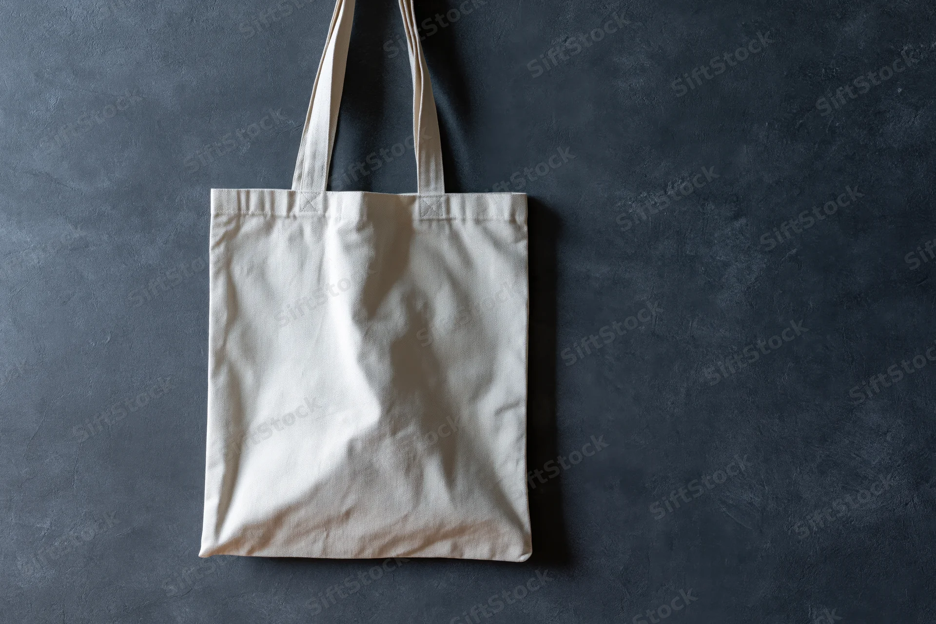 Plain white canvas tote bag hanging flat against dark textured wall