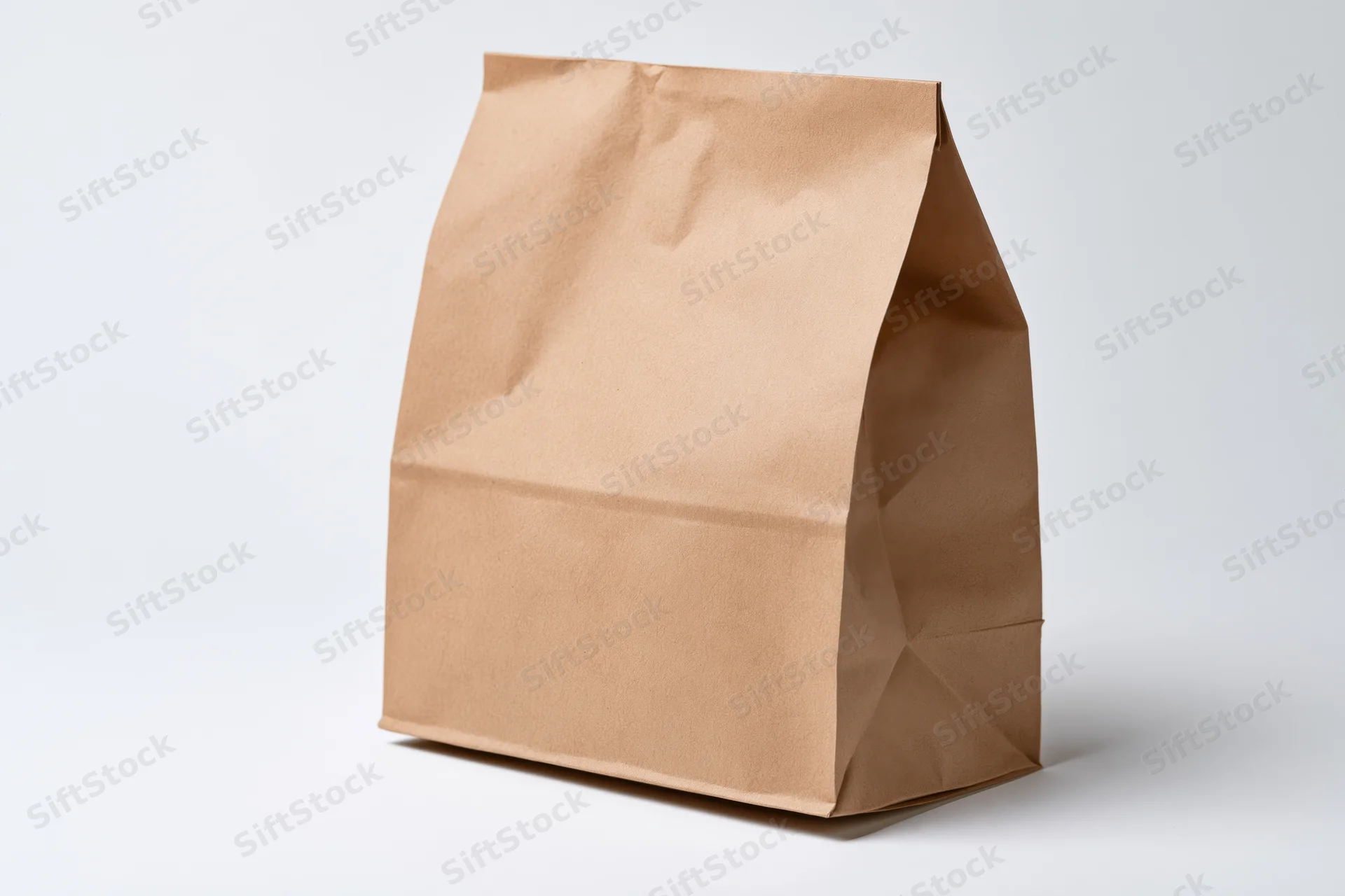 Brown kraft paper bag standing upright on white surface