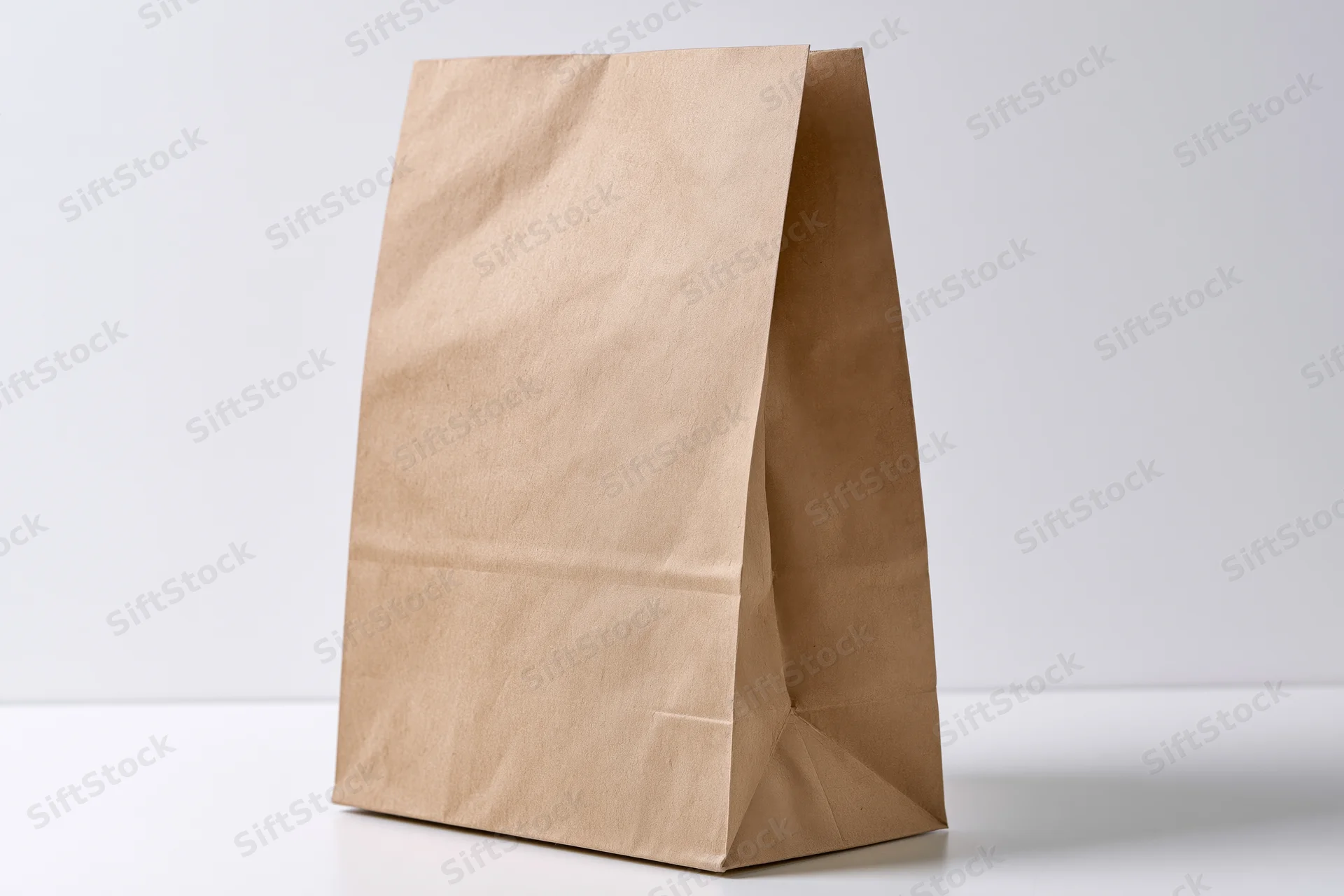 Brown kraft paper bag standing upright on white surface