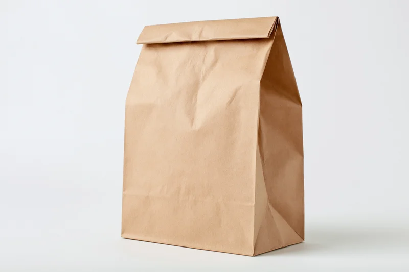 Brown kraft paper lunch bag standing upright on white background