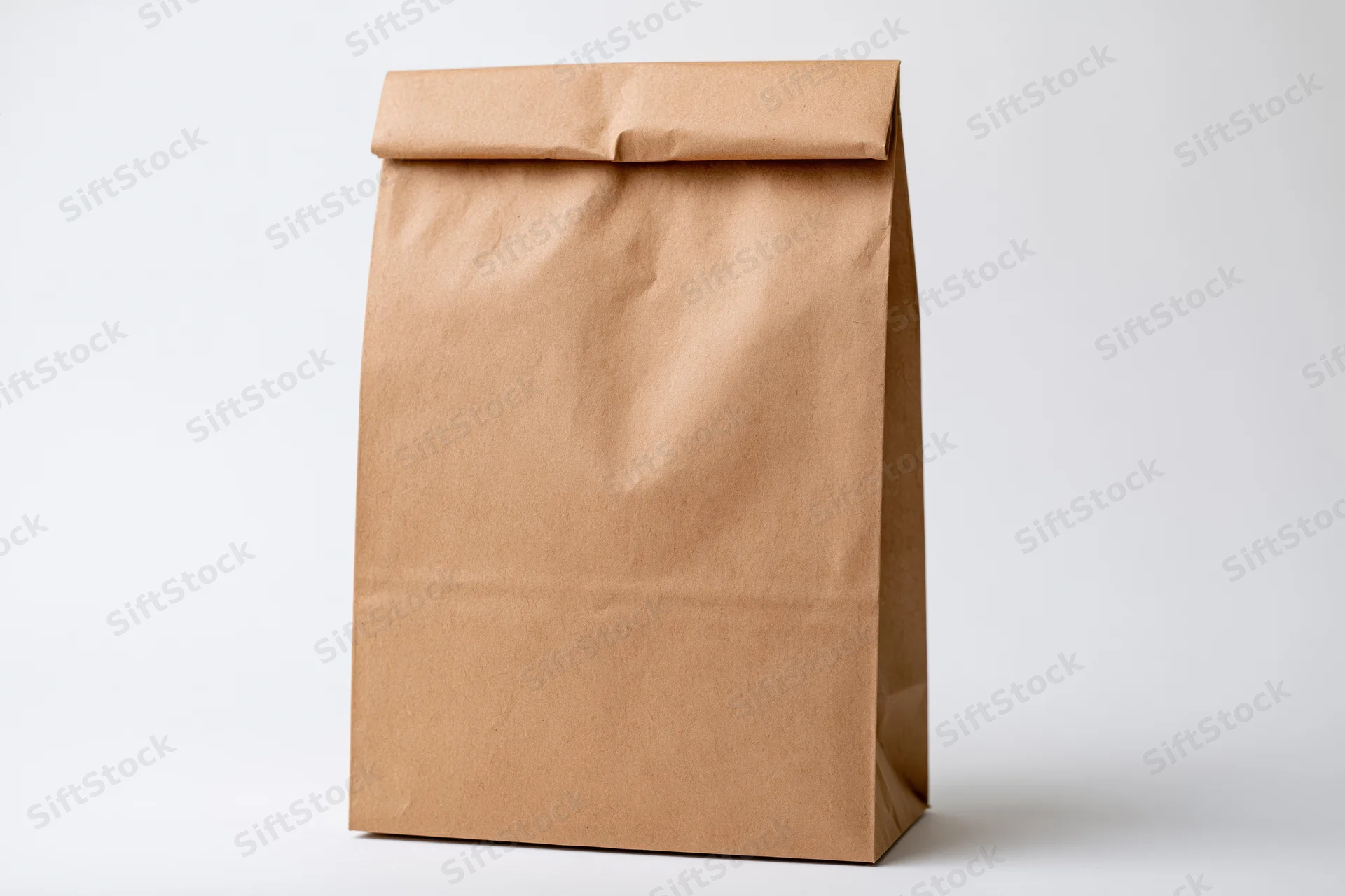 Brown kraft paper lunch bag standing upright folded on white background