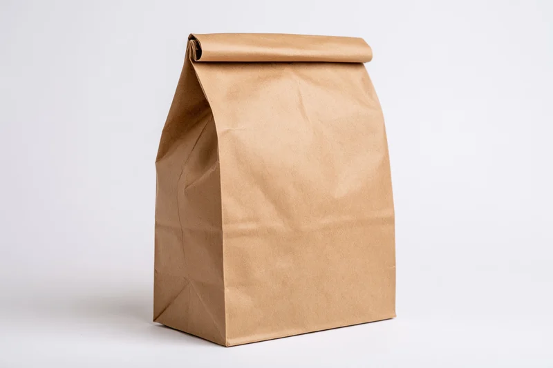 Brown kraft paper lunch bag standing upright on white background