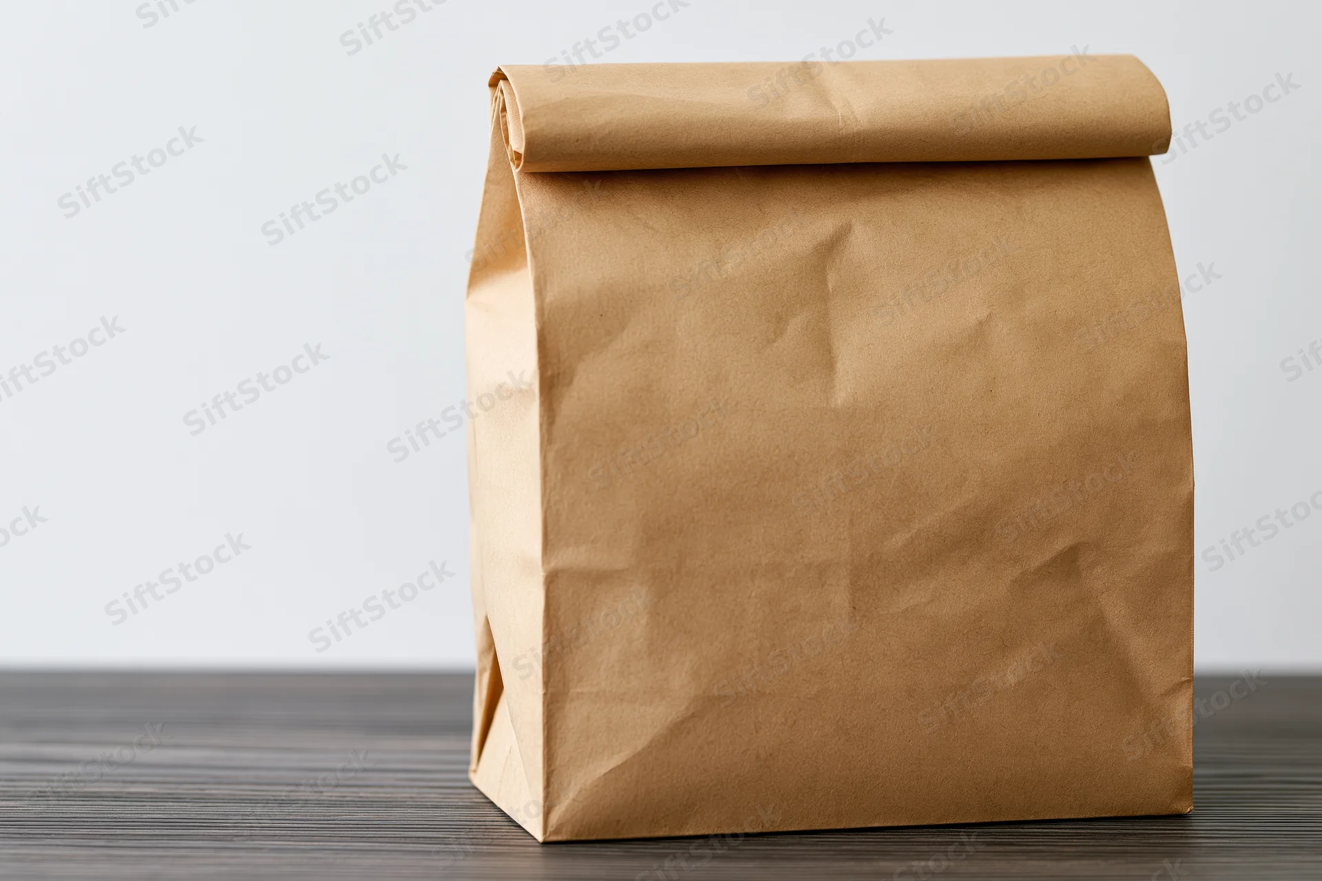 Brown kraft paper lunch bag with rolled top sitting on dark wooden table