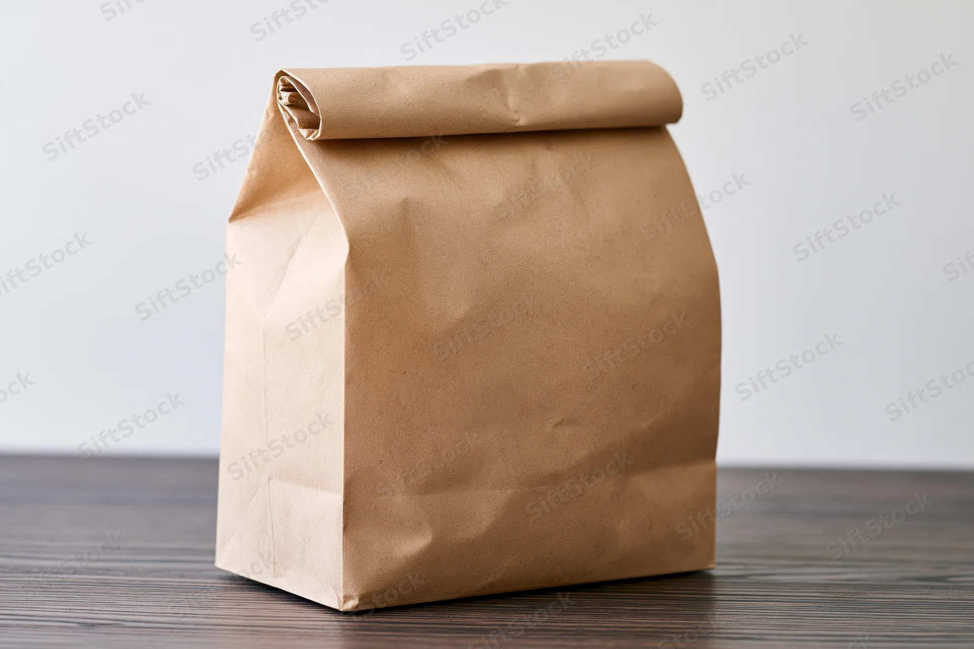 Brown kraft paper lunch bag with rolled top sitting on dark wooden table