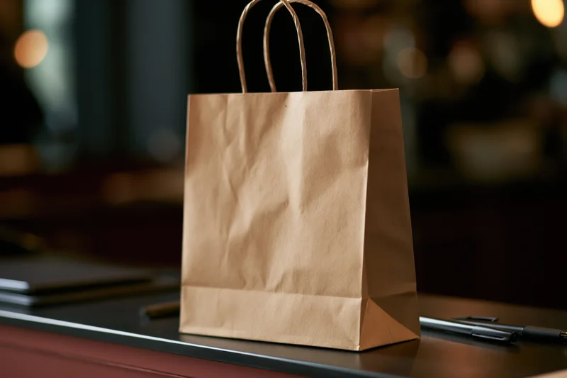 Brown kraft paper takeout bag with twisted handles on a restaurant counter