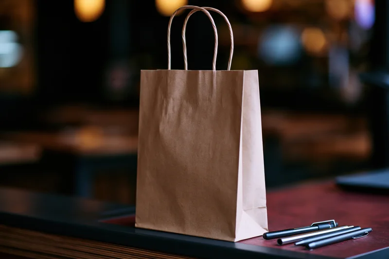 Brown kraft paper takeout bag with twisted handles on a restaurant counter beside pens