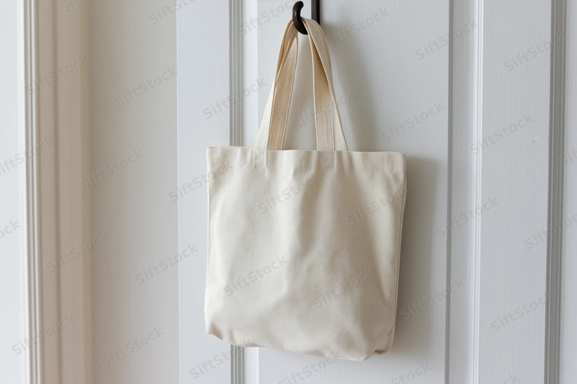 Cream canvas tote bag hanging from a dark metal hook on a white door