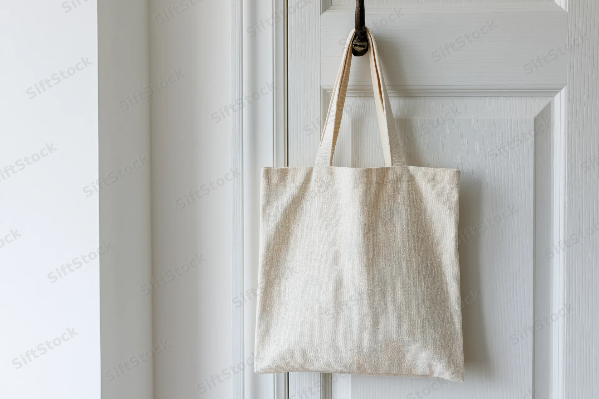 Cream canvas tote bag hanging from a dark metal hook on a white door