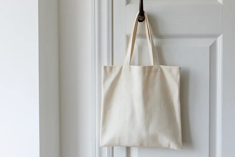 Cream canvas tote bag hanging from a dark metal hook on a white door