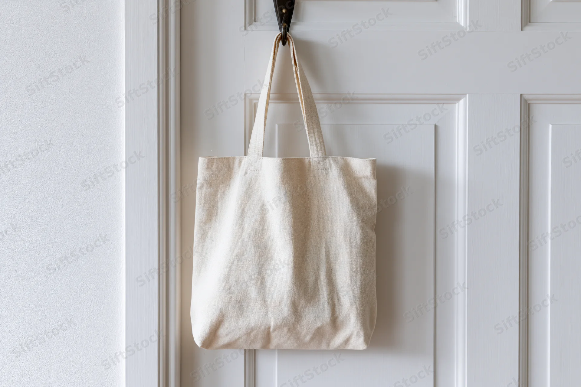 Cream canvas tote bag hanging from a dark metal hook on a white door