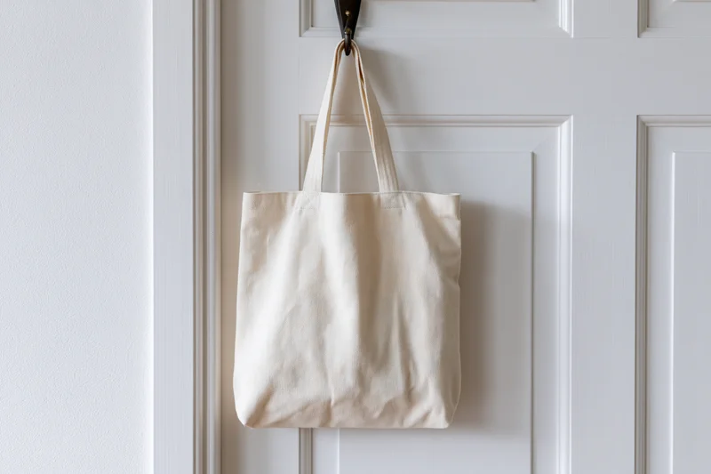 Cream canvas tote bag hanging from a dark metal hook on a white door