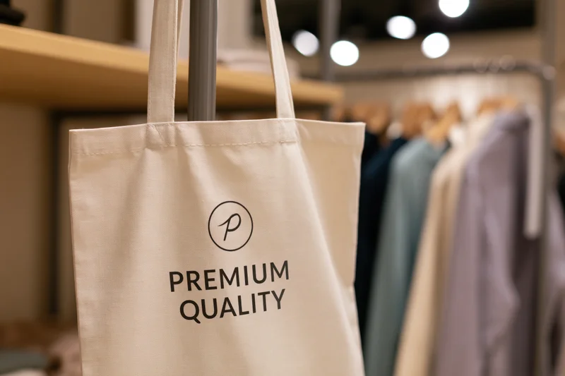 Tote bag hanging on a metal rack in a retail store