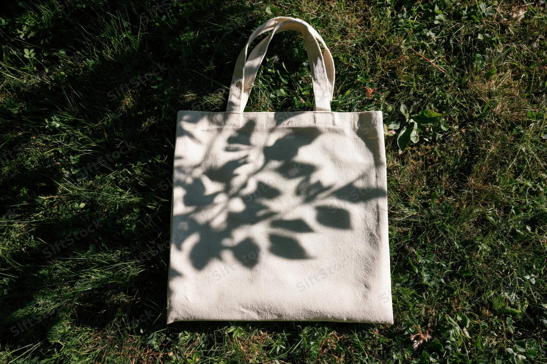 Cream canvas tote bag lying flat on green grass with leaf shadows in sunlight