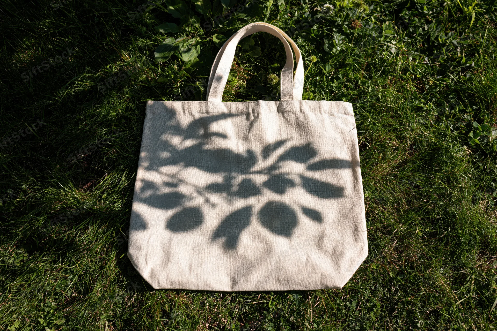 Cream canvas tote bag lying flat on green grass with leaf shadows from above
