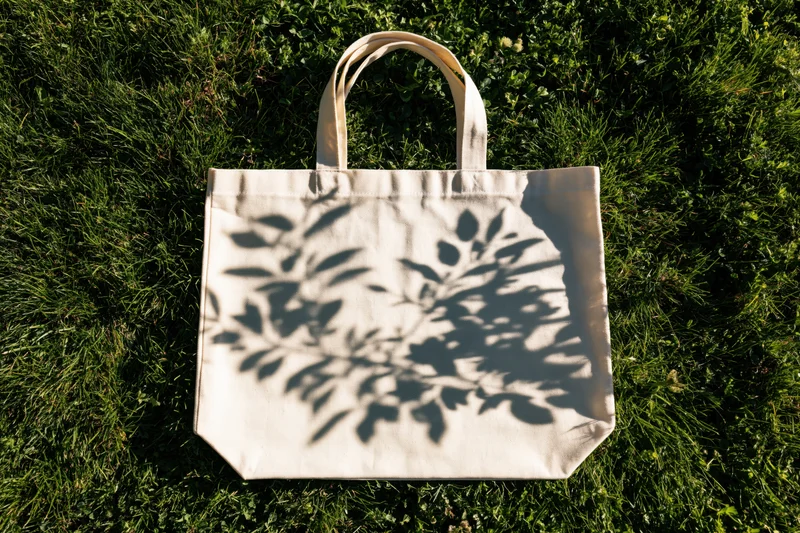 Cream canvas tote bag lying flat on green grass with leaf shadows cast on its surface