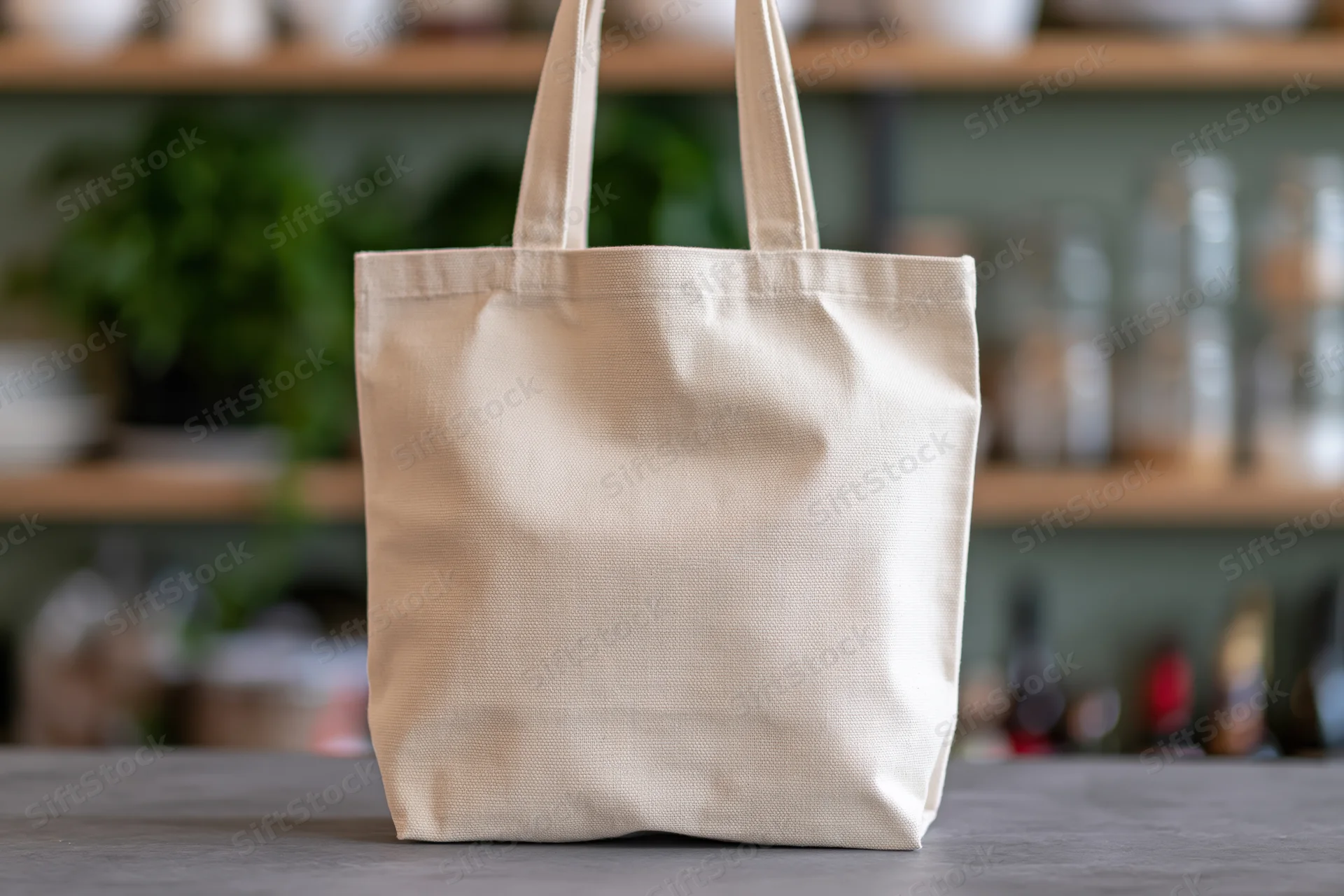 Cream canvas tote bag standing upright on grey countertop in store setting
