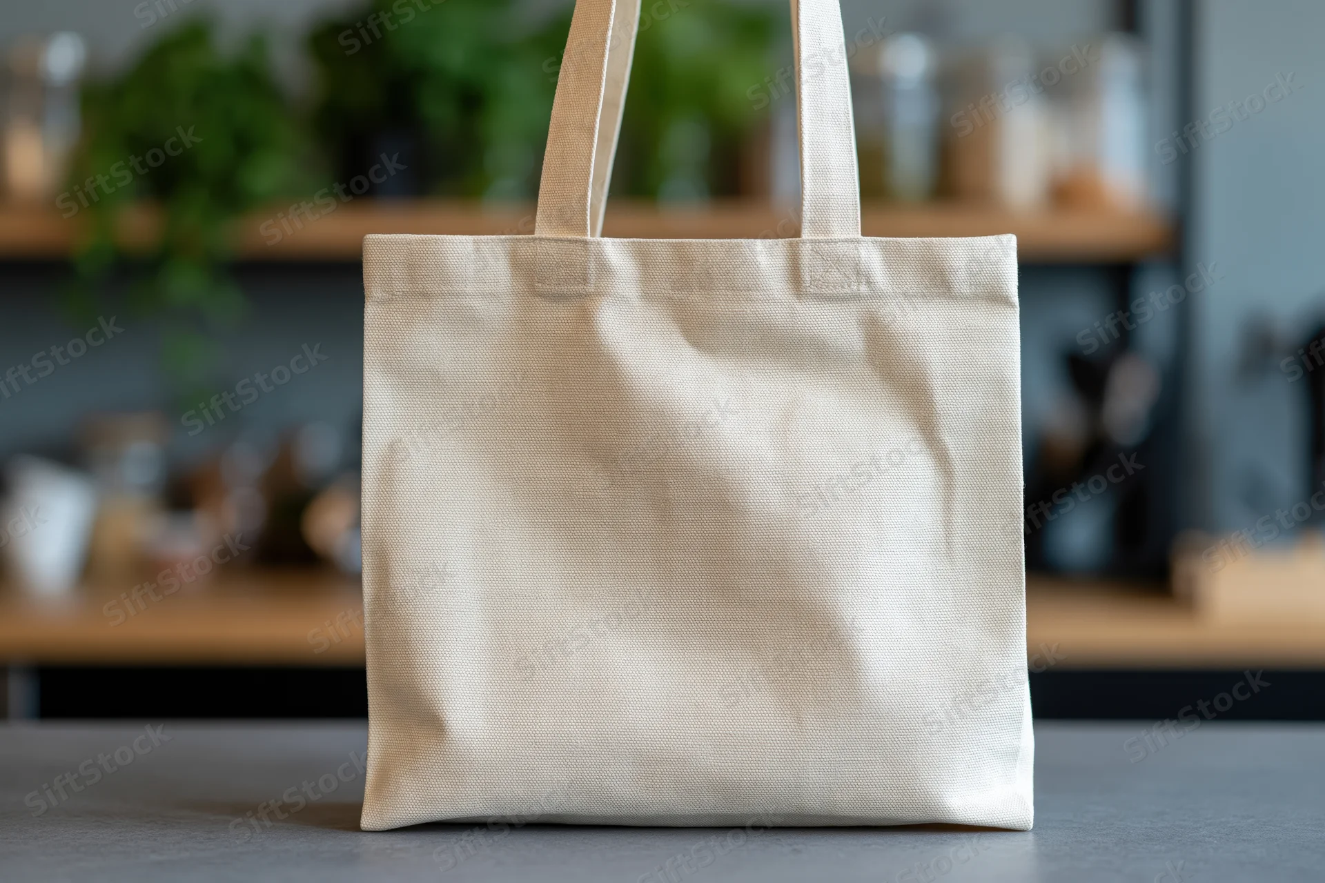 Cream canvas tote bag standing upright on grey surface with blurred kitchen shelves and plants behind