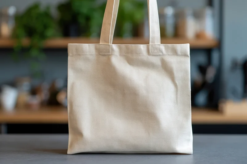 Cream canvas tote bag standing upright on grey surface with blurred kitchen shelves and plants behind