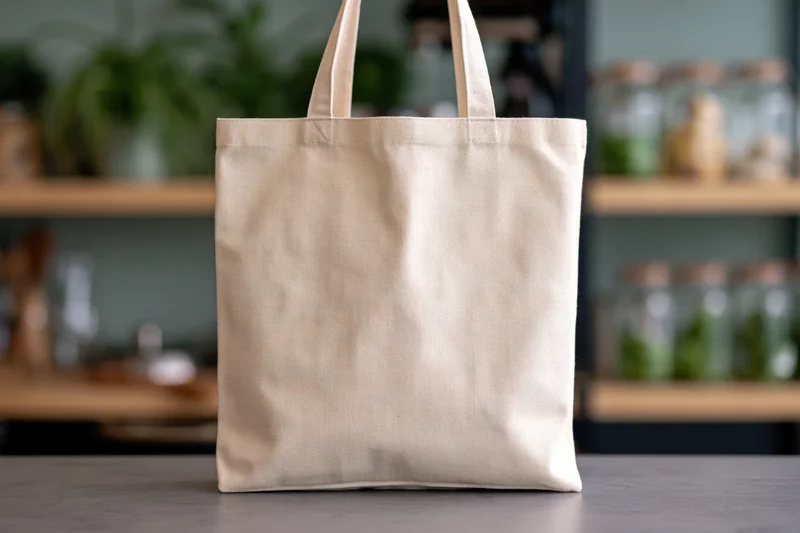 Cream canvas tote bag standing upright on grey surface in kitchen setting