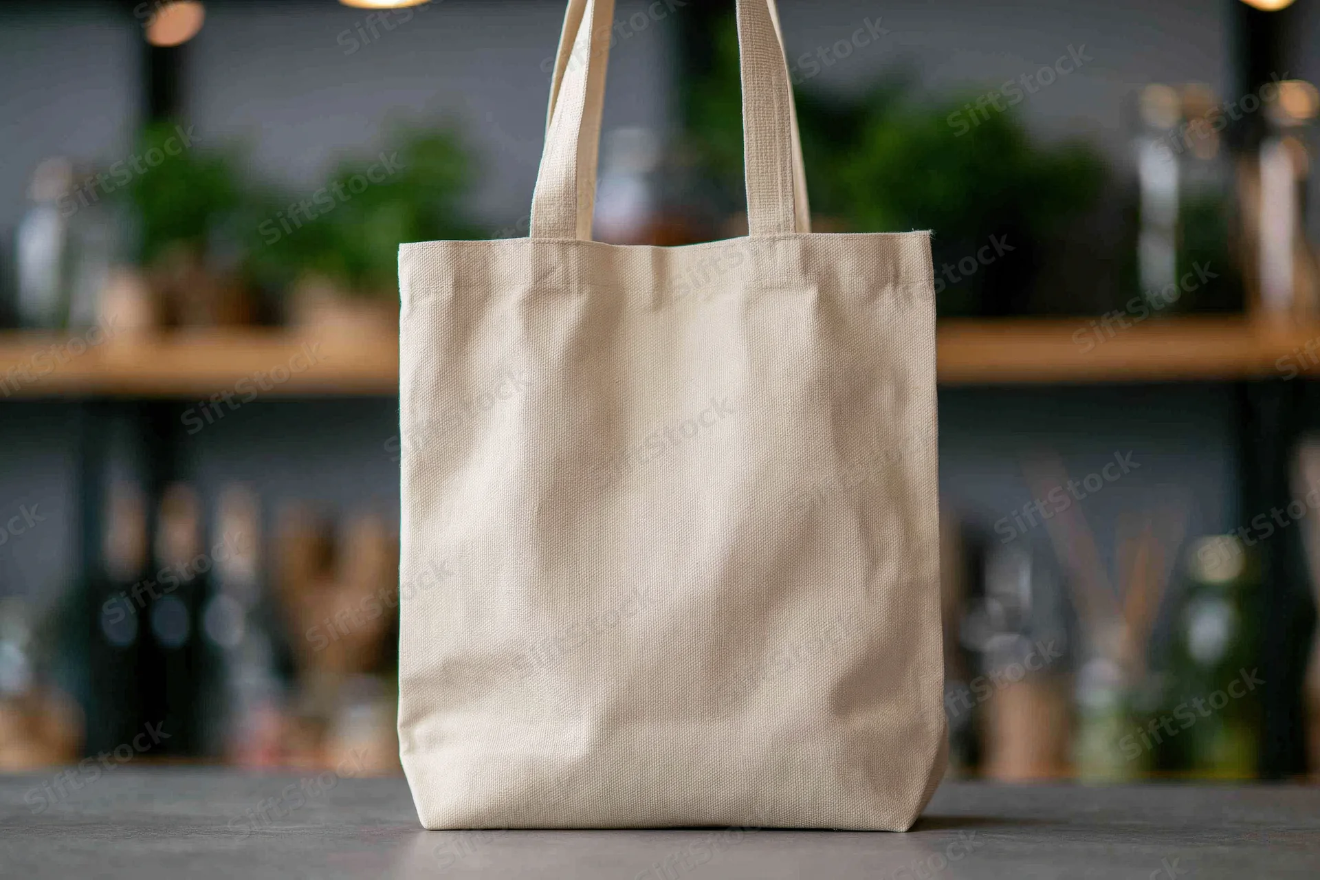 Cream canvas tote bag standing upright on gray countertop in store interior