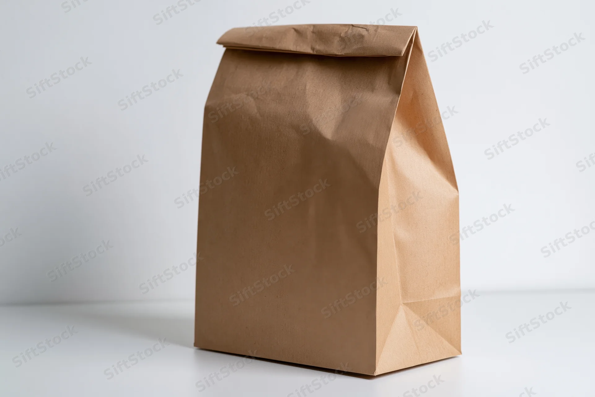 Brown kraft paper bag standing upright on white surface