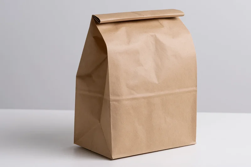 Plain kraft paper bag standing upright on white surface