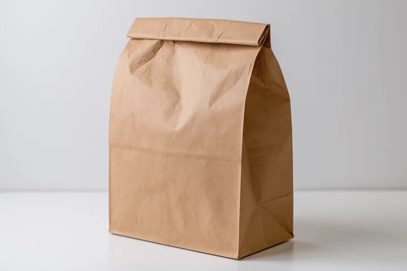 Brown kraft paper bag standing upright on a white surface