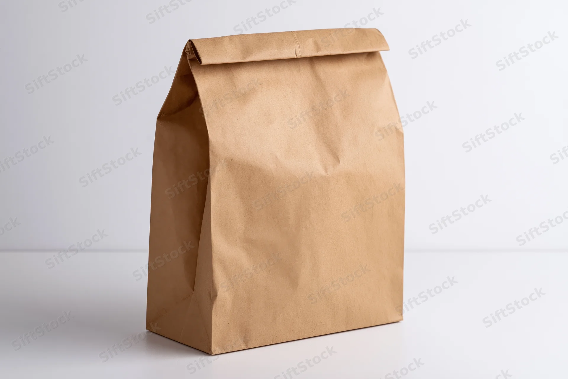 Plain kraft paper bag standing upright on white surface