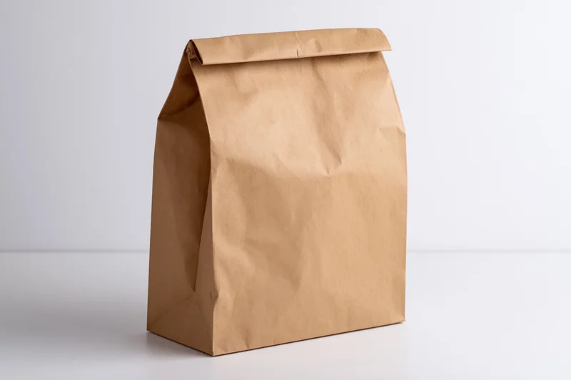 Plain kraft paper bag standing upright on white surface