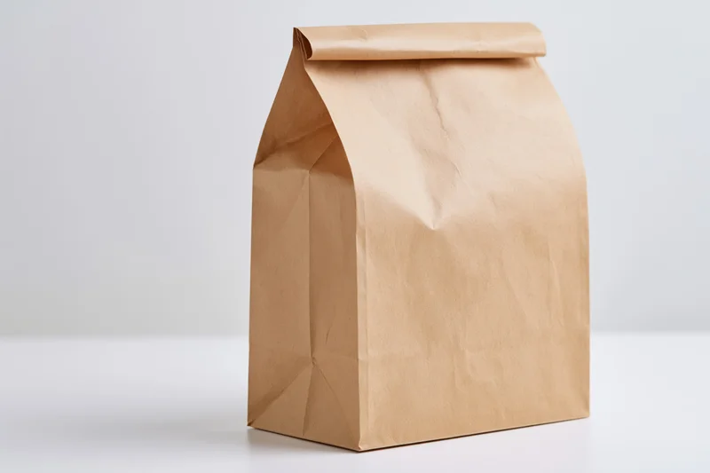 Plain kraft paper lunch bag standing upright on white surface