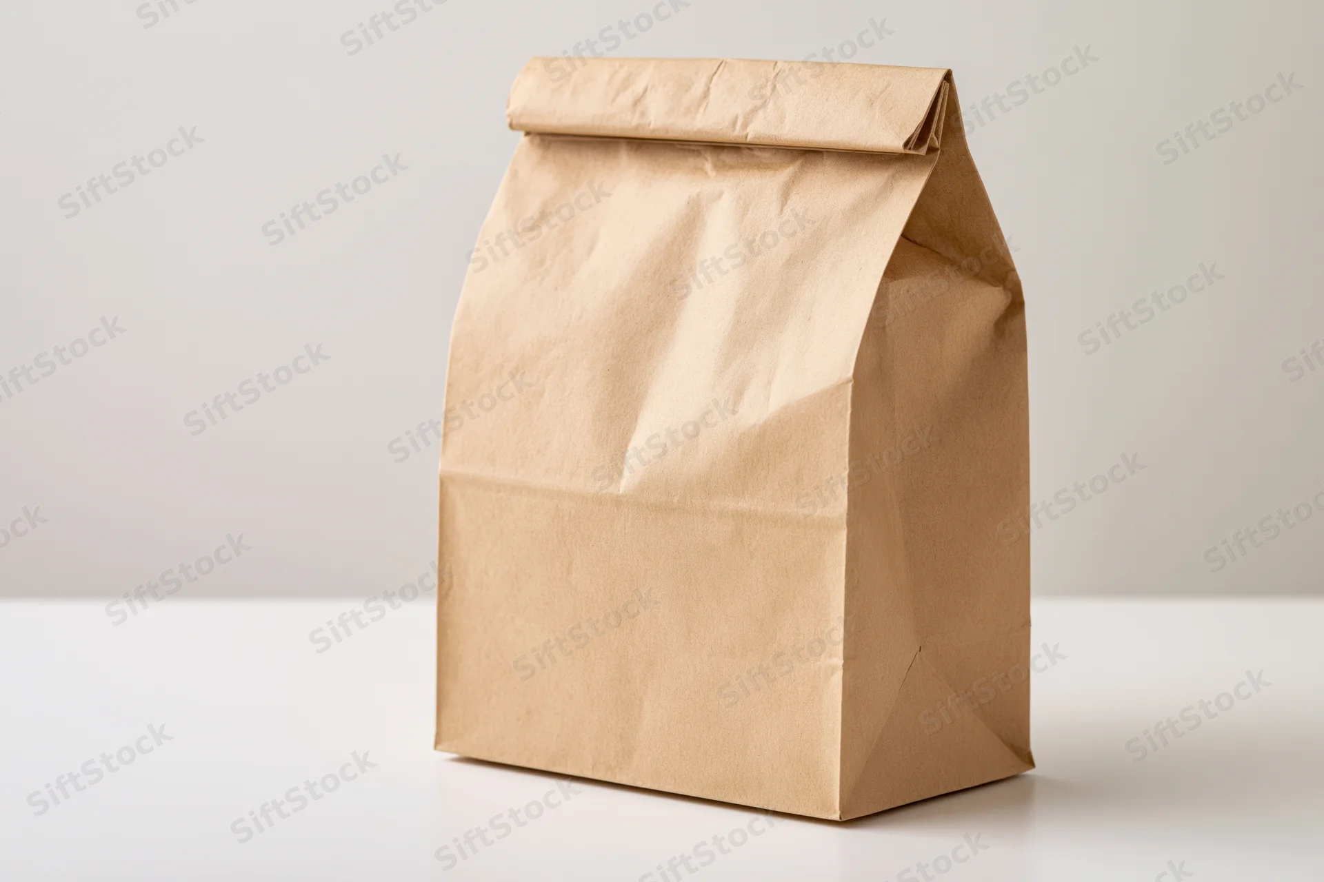 Plain kraft paper lunch bag standing upright on white surface