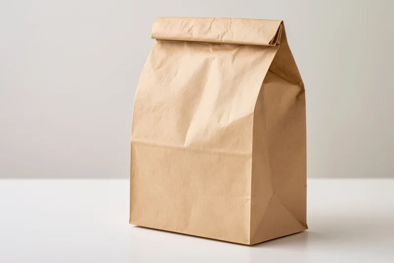 Plain kraft paper lunch bag standing upright on white surface