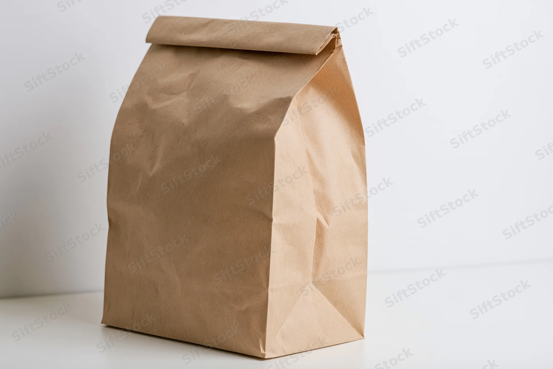 Brown kraft paper lunch bag standing upright on white surface with copyspace