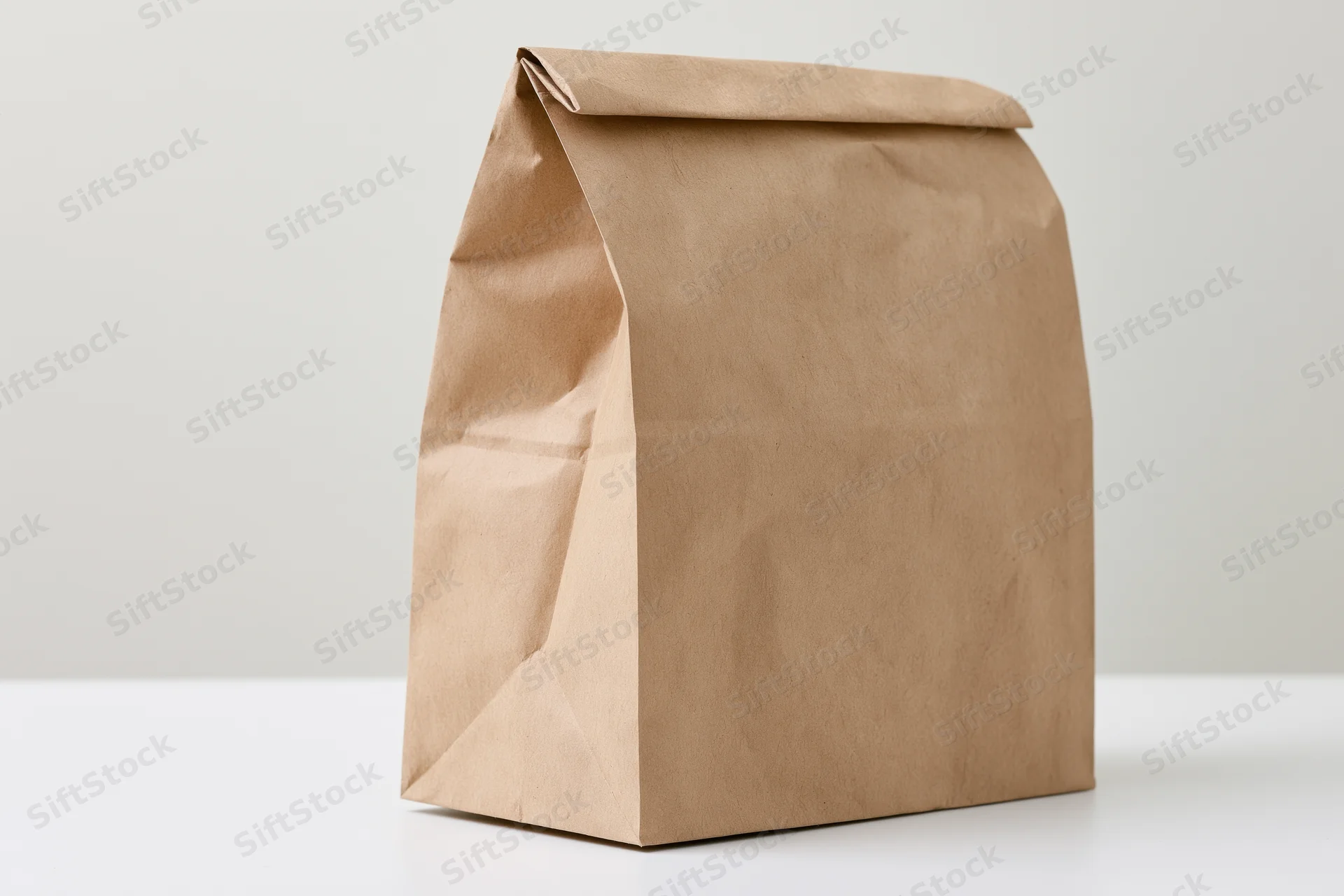 Brown kraft paper lunch bag standing upright on white surface