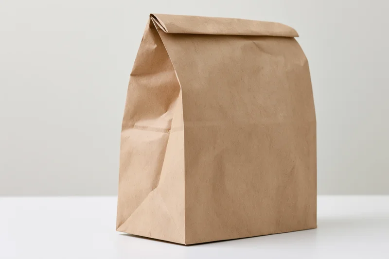Brown kraft paper lunch bag standing upright on white surface