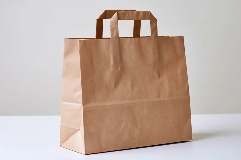 Plain kraft paper shopping bag with flat handles standing upright on white surface