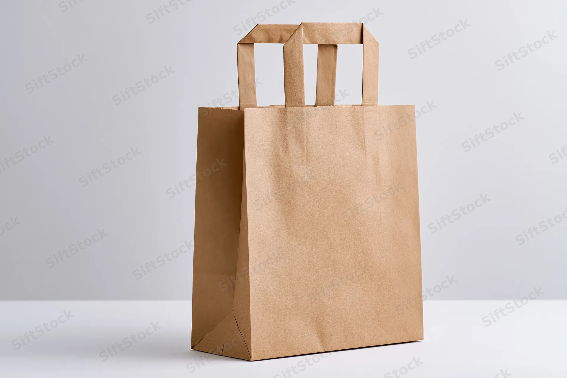 Plain kraft paper shopping bag with flat handles standing upright on white surface