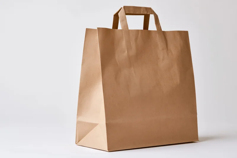 Plain kraft paper shopping bag with flat handles standing upright on white background