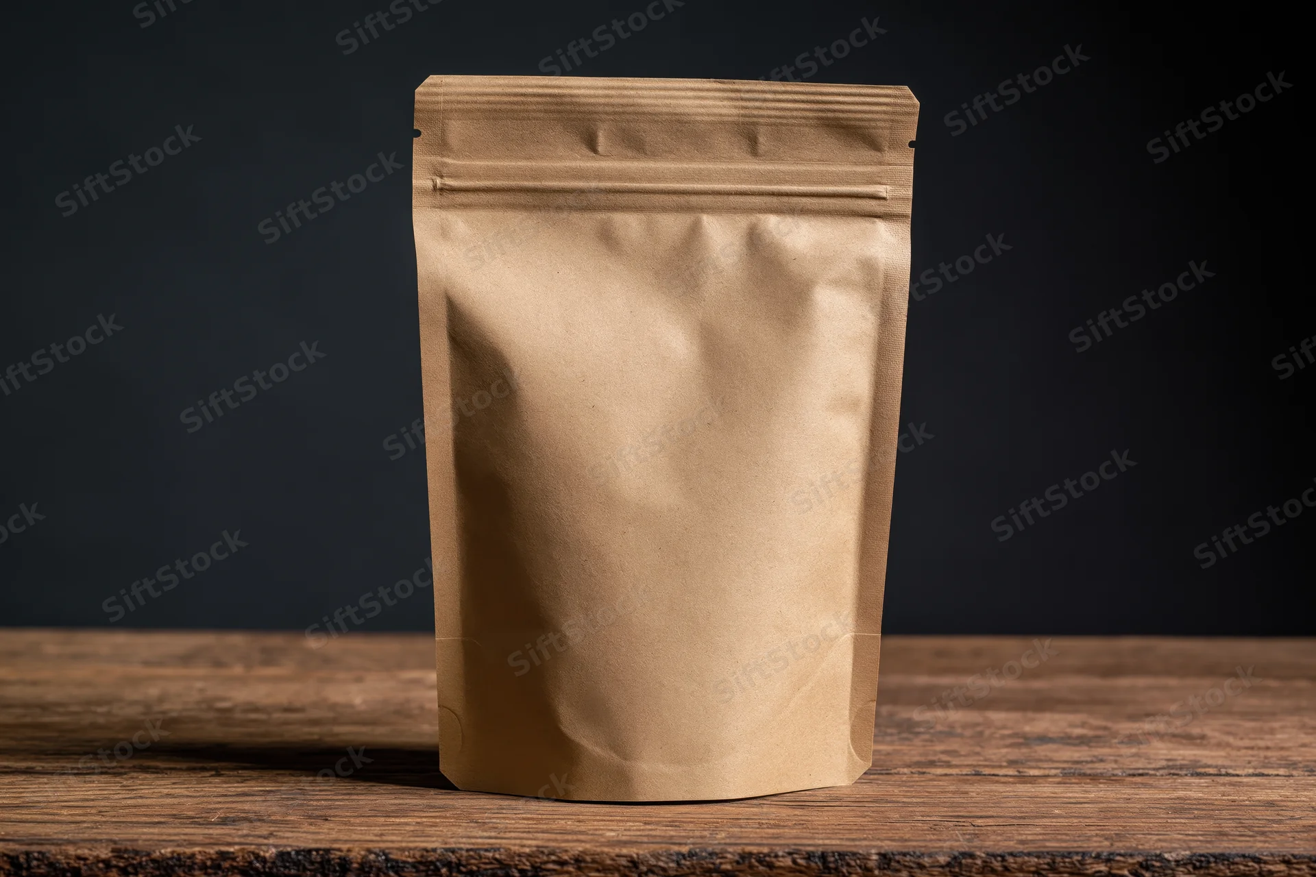 Plain kraft paper zip-top bag standing upright on a worn wooden table