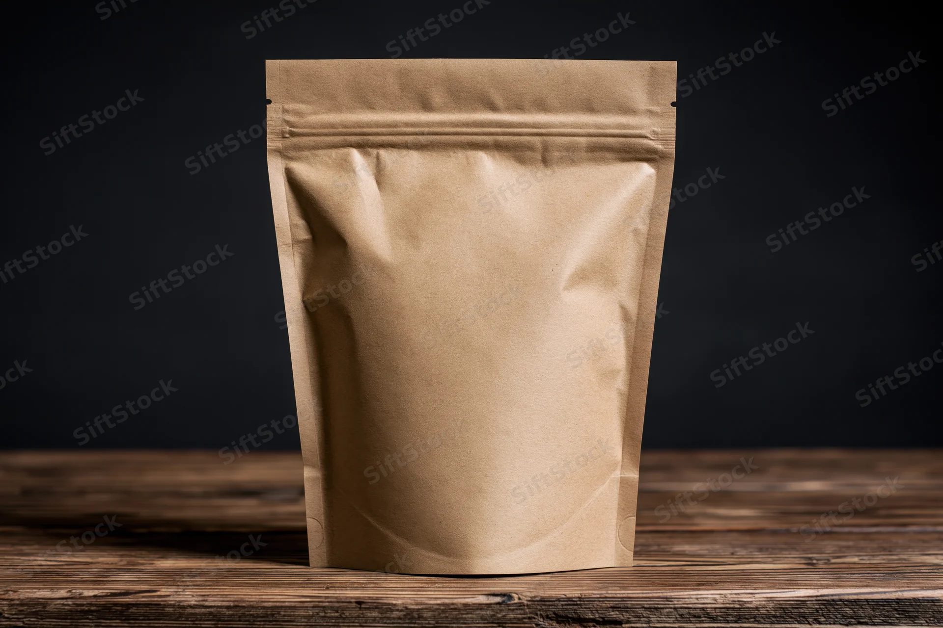 Plain kraft paper zip-top bag standing upright on a worn wooden table against dark background