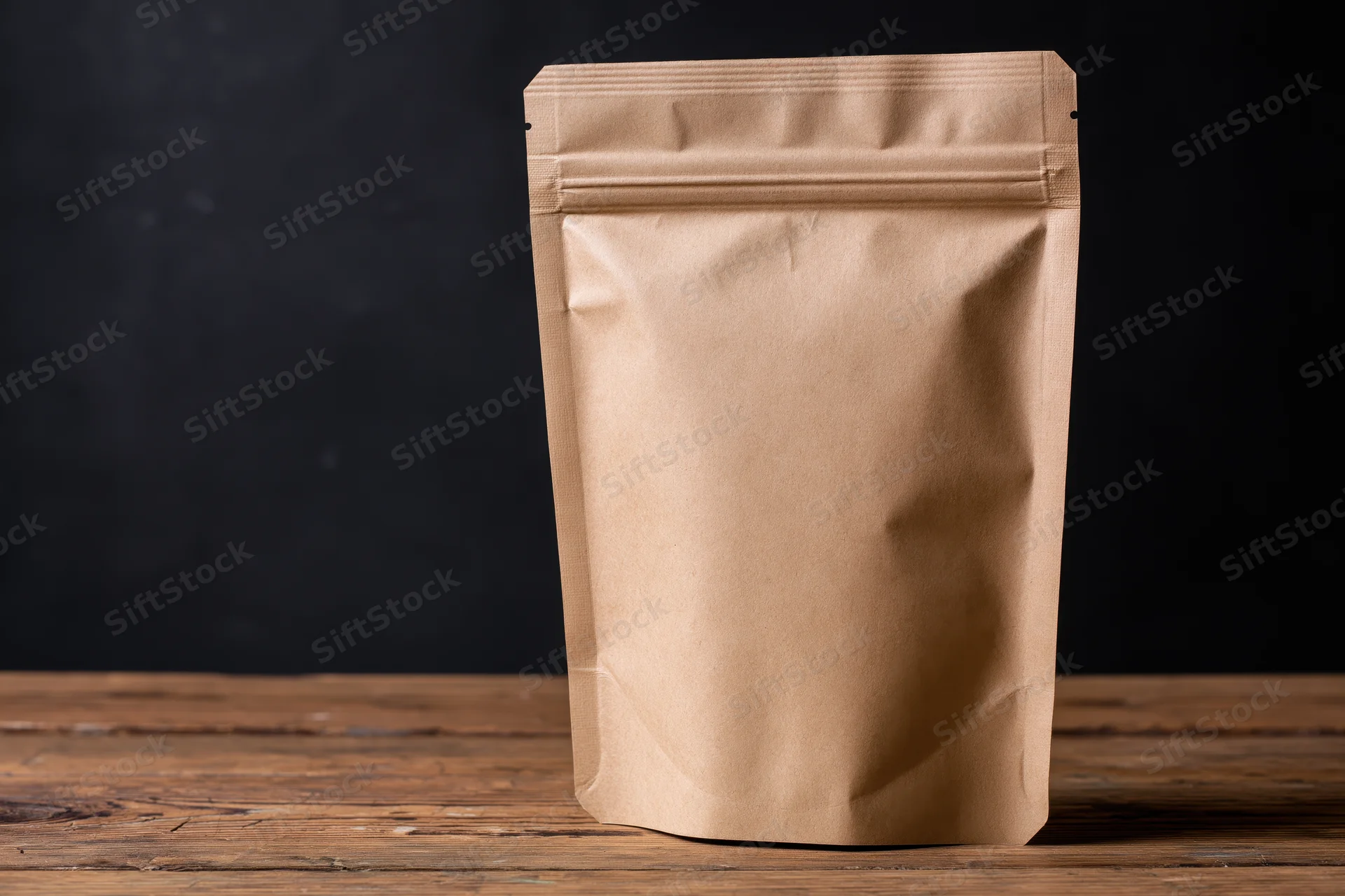 Plain kraft paper zip-top bag standing upright on a worn wooden table against dark background