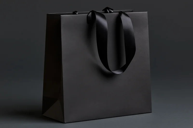 Matte black paper shopping bag with glossy ribbon handles on dark surface