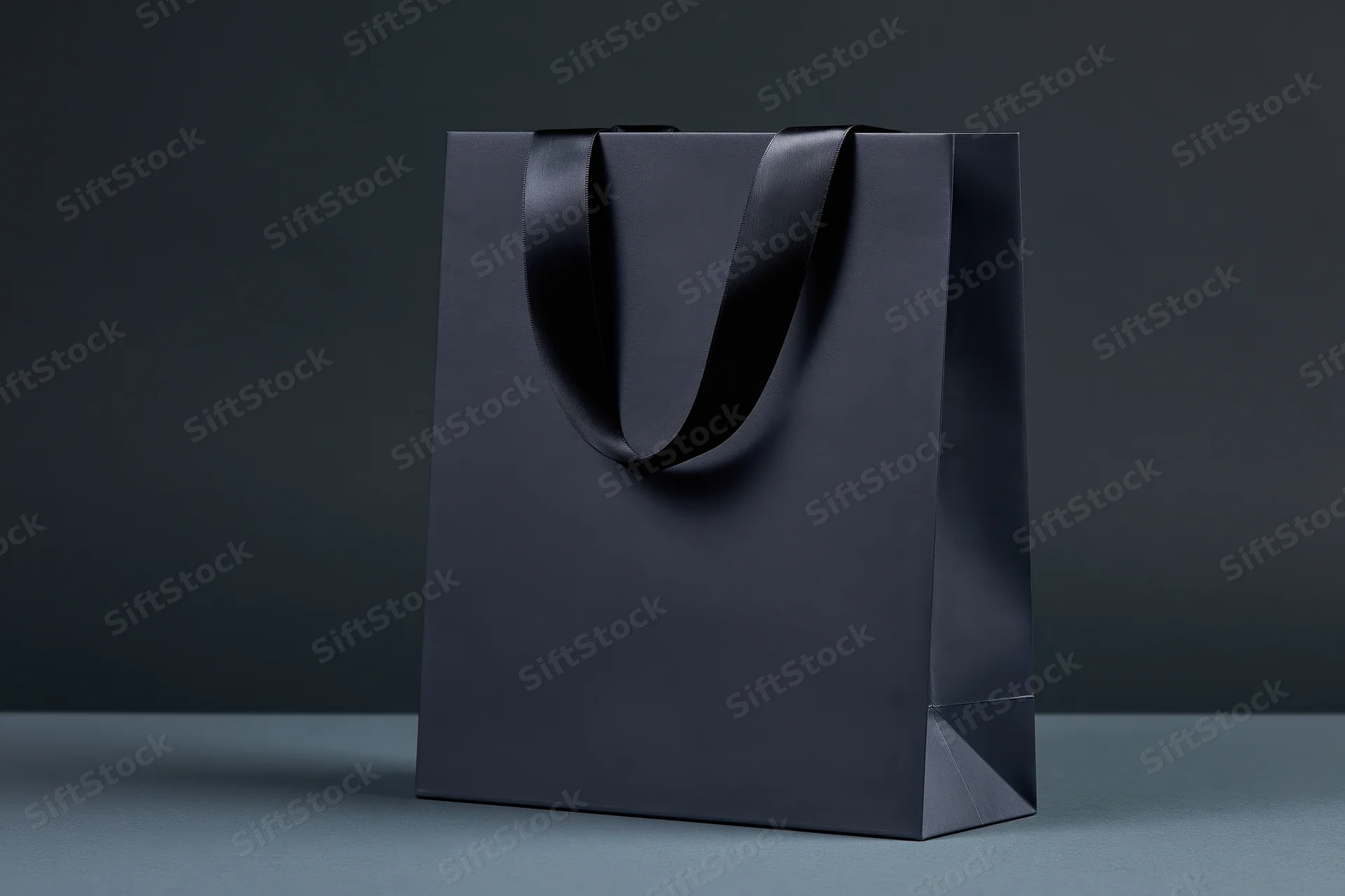 Matte black paper shopping bag with glossy ribbon handles on dark surface